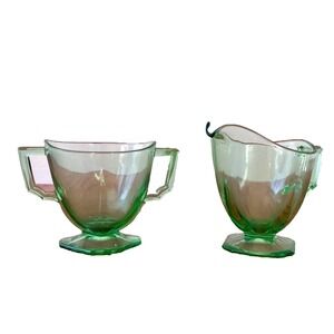 Set of 2 Vintage Lorain Green Uranium Indiana Glass‎ Sugar Creamer